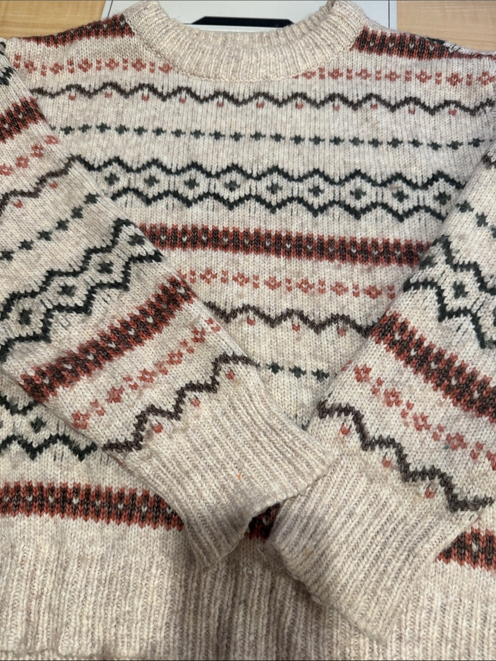 Womens Cream Fair Isle Crewneck Sweater with Rust and Black Accents